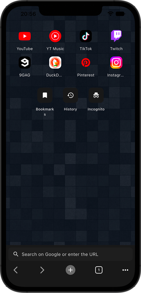 OneTube home screen with shortcuts to popular websites
