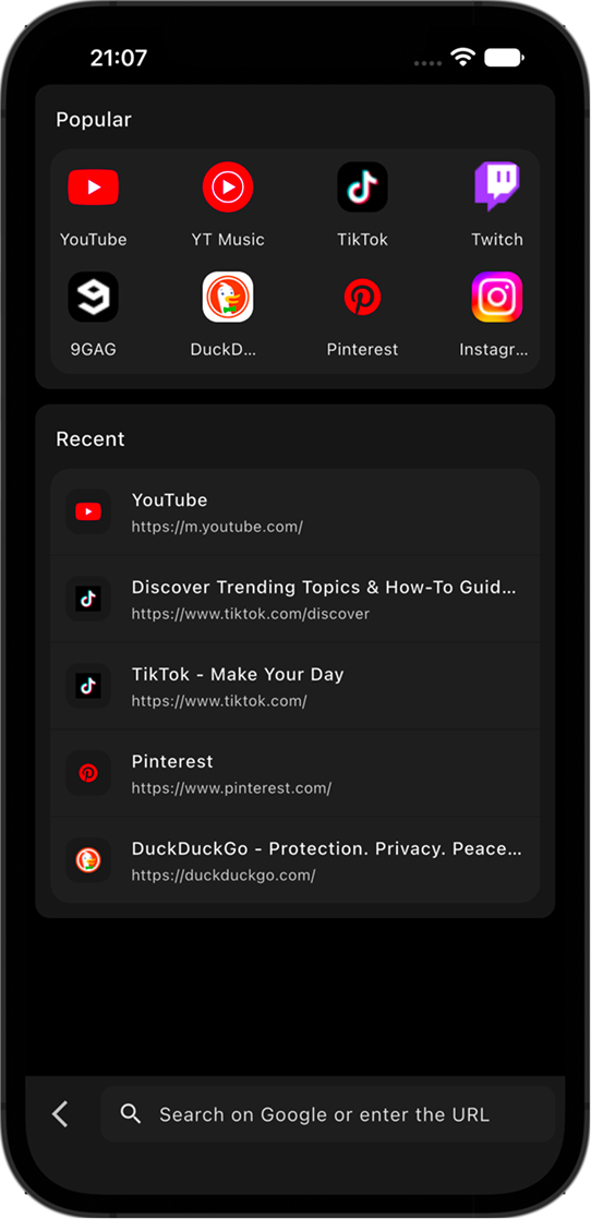 Website search with popular shortcuts and recently visited pages