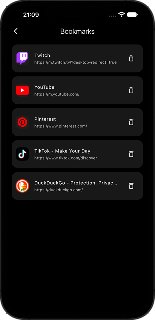 Saved websites in the OneTube bookmarks list