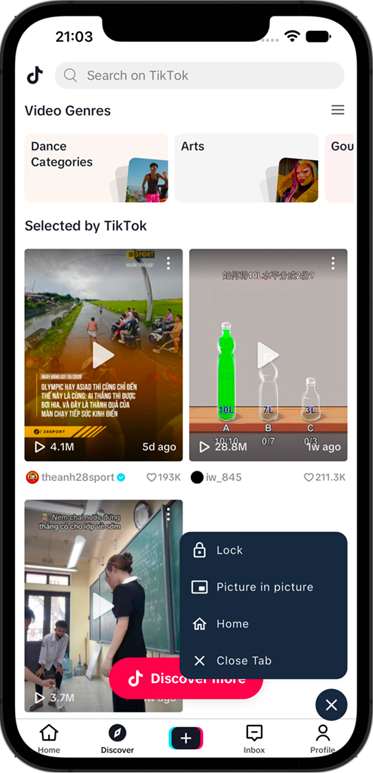 TikTok website with OneTube browsing and picture-in-picture controls