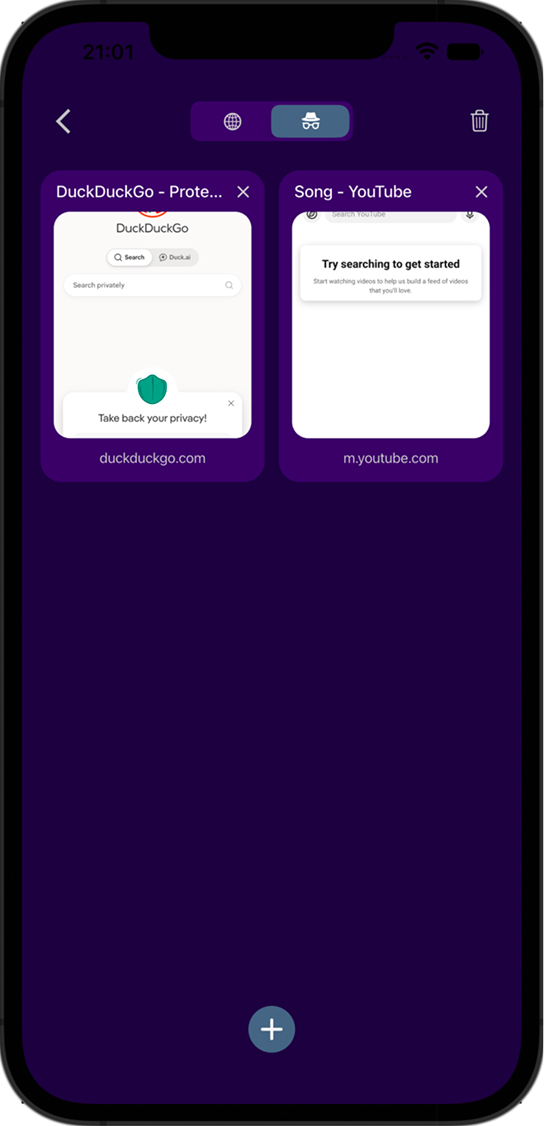 OneTube incognito mode with separate private tabs